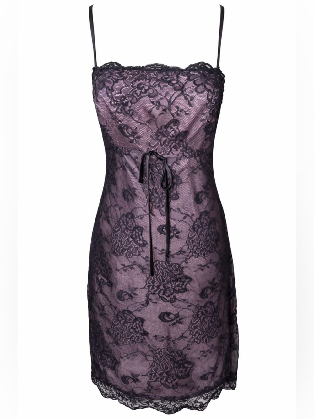 Vintage Y2K Lace overlay Slip Dress Goth Coquette‎ Sheer Mesh Mini Bow- Sz 4